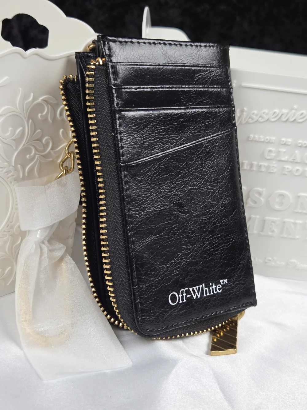 Authentic Off-White Black Leather Zip Card Holder Wallet Gold Arrow Logo Card